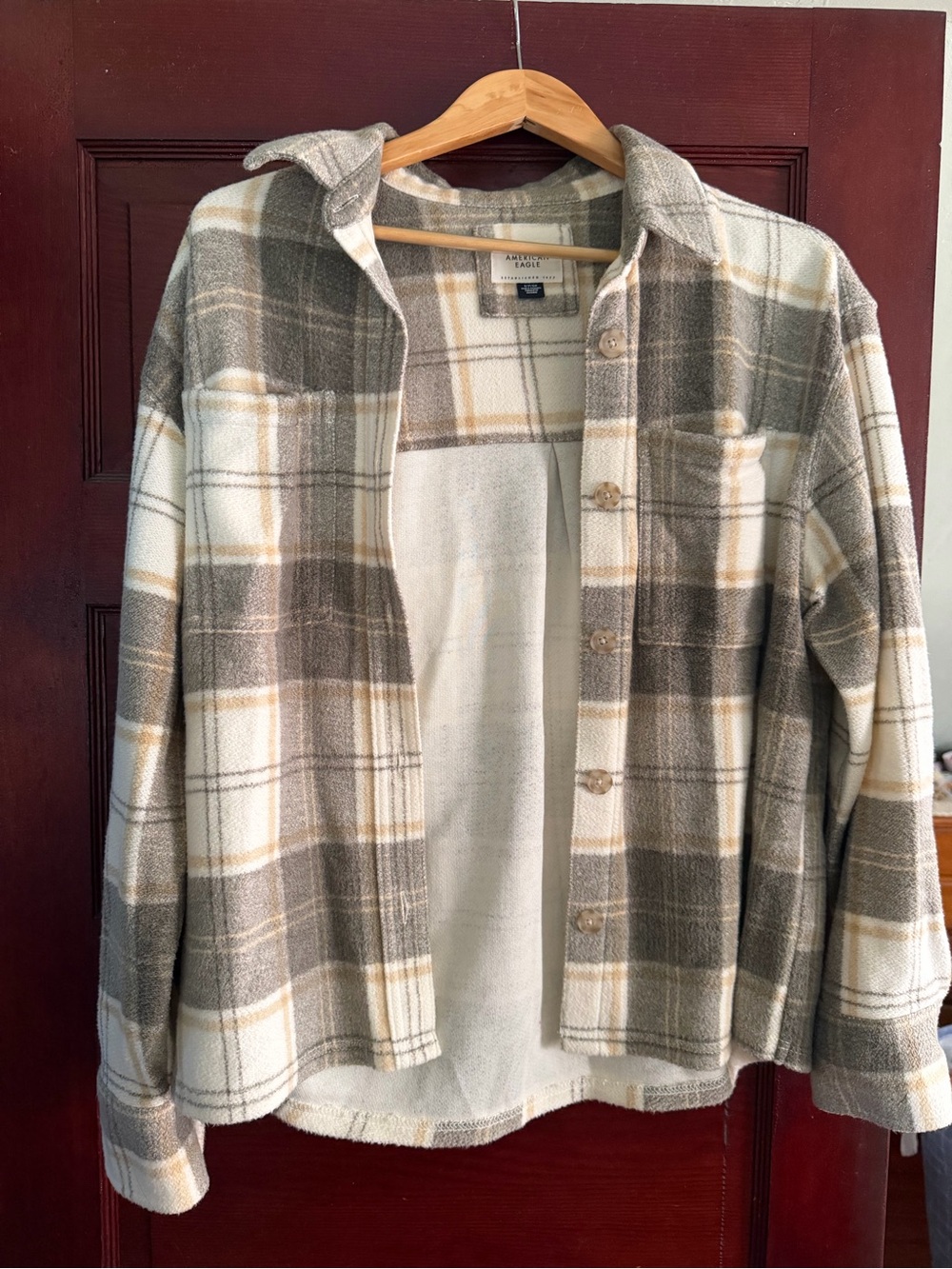 American Eagle Outfitters Plaid Button-Down Shirt Jacket in Cream and Olive
